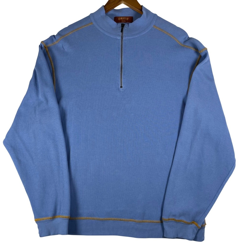 Orvis Mens Quarter Zip Pullover Sweater Blue Ribbed Cotton Flatlock Stitch Med - Picture 5 of 6
